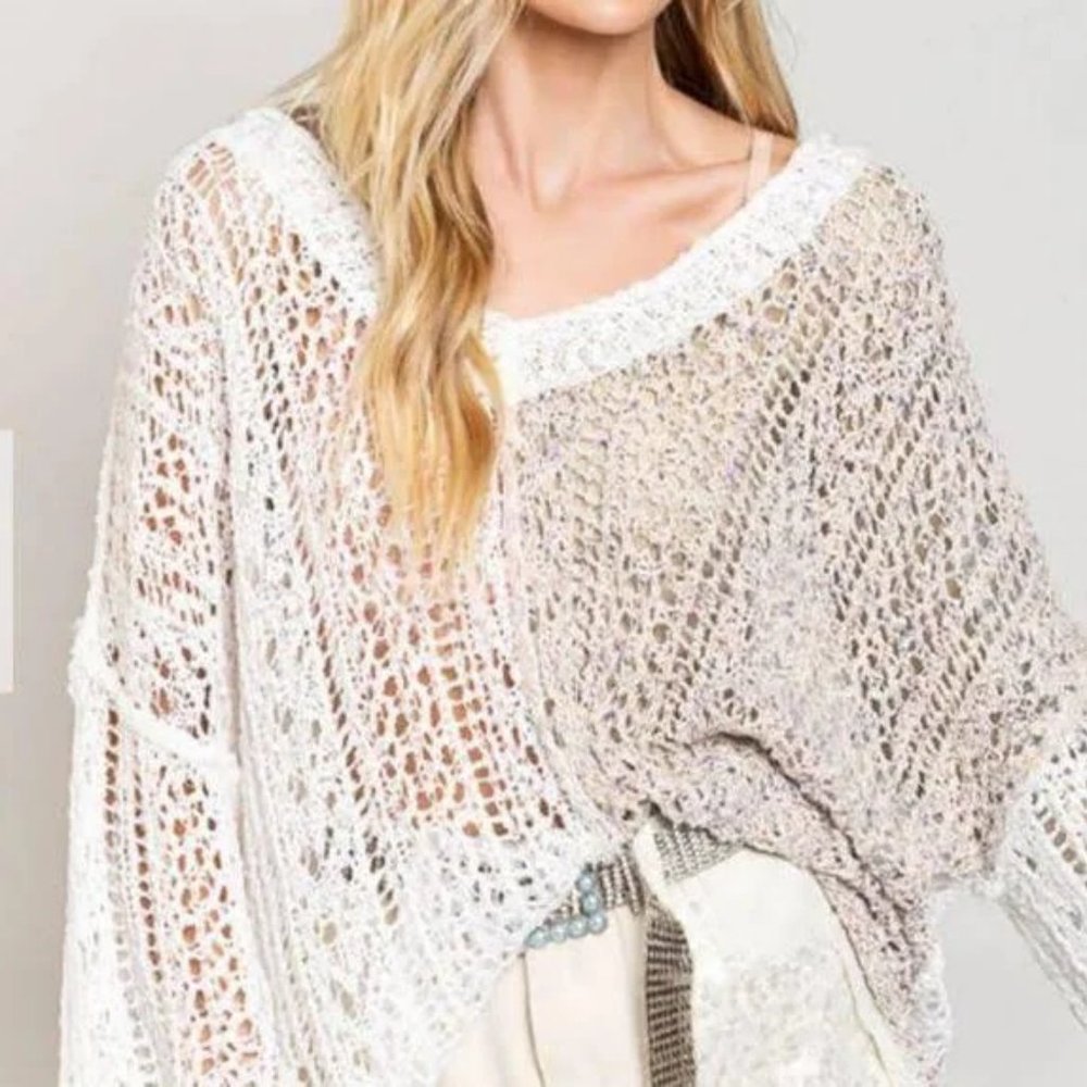 POL Oversized Slouchy Open-Knit V-Neck Boho Pullover Sweater- S